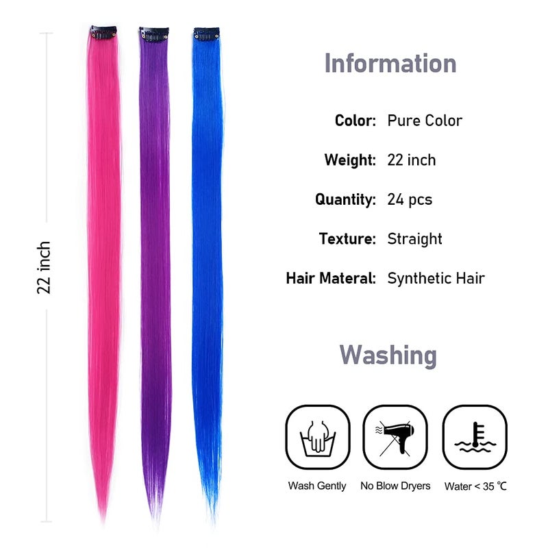 KGBFASS 24 Packs Colored Clip in Hair Extensions 20'' Colorful Straight Hair Extensions Clip in for Kids Multi-Colors Party Highlights Hairpieces(Pink,Purple,Blue) - Image 3